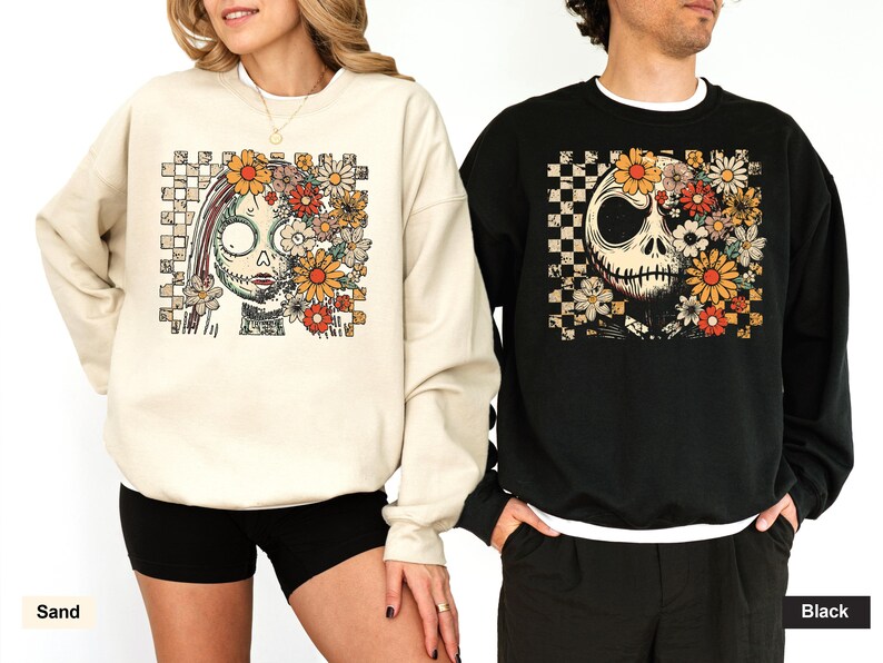 Floral Jack and Sally Halloween Couple Shirt, Disney Nightmare Before Halloween T-shirt, Spooky Season Couple Hoodie, Halloween Couple Tee