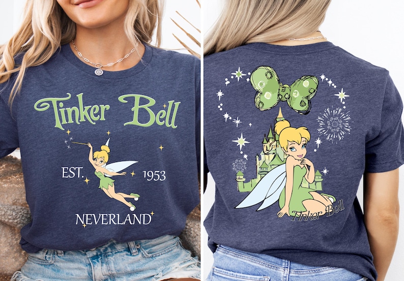 a woman wearing a tinker bell t - shirt