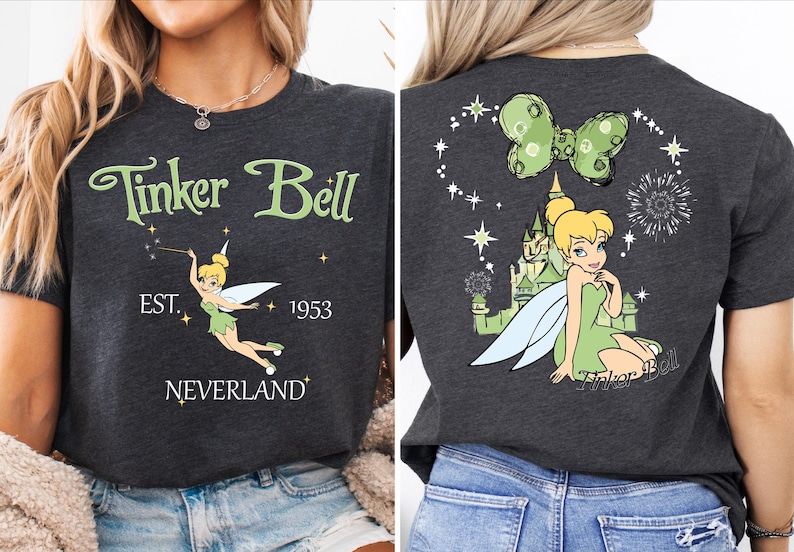 a woman wearing a tinker bell t - shirt