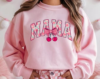 Bluza z nadrukiem Cherry Coquette Mama, Koszulka z kokardą Cherry Mama, Bluza z kapturem z okazji Dnia Matki, Dziewczęcy sweter Coquette, Koszulka z kwiatowym nadrukiem Mama, Koszulka z nadrukiem vintage dla mamy