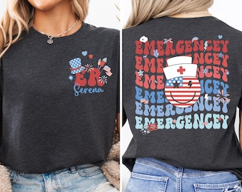 Camiseta de enfermera de urgencias del 4 de julio, camiseta patriótica de enfermera de urgencias, camiseta personalizada de enfermera de urgencias, regalo de enfermería del Día de la Independencia, camiseta de enfermera sonriente
