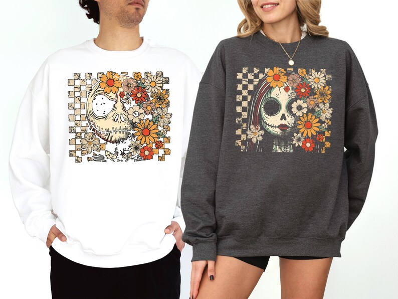 Floral Jack and Sally Halloween Couple Shirt, Disney Nightmare Before Halloween T-shirt, Spooky Season Couple Hoodie, Halloween Couple Tee