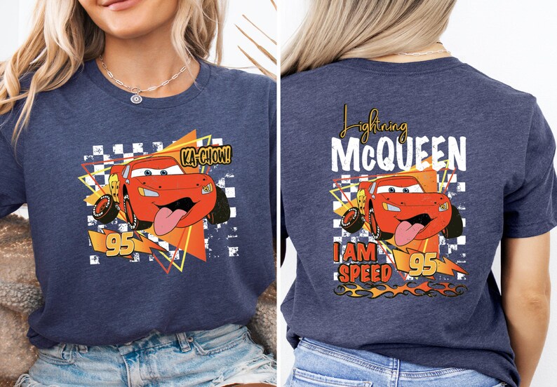 a woman wearing a t - shirt with a cartoon character on it