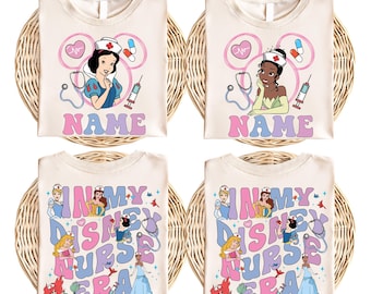 May include: Four cream-colored t-shirts with a Disney princess theme. Two shirts feature a cartoon image of Snow White and Tiana with a stethoscope and a heart. The other two shirts feature the text "In My Disney Nurse Era" with cartoon images of Disney princesses.