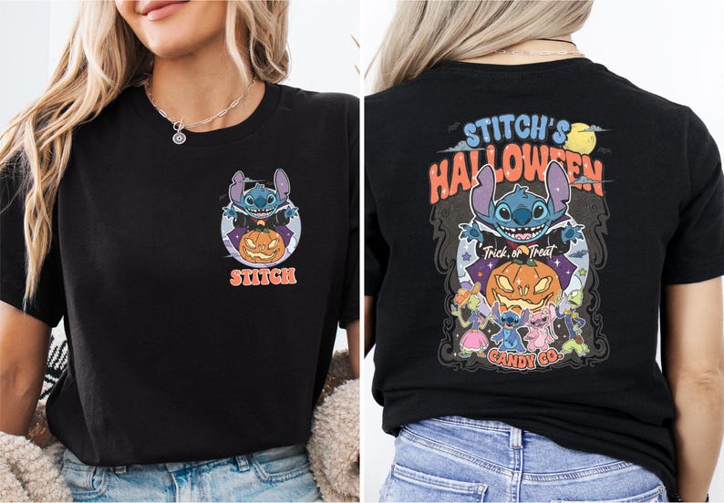 a woman wearing a black shirt with an image of a cartoon character on it