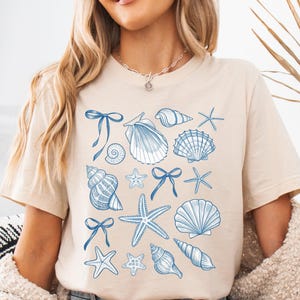 Zeeschelpen jaren 90 vintage stijl shirt, Coquette Bow Marine T-shirt, Coastal Seahorse Fish hoodie, schattig zeedier T-shirt, Fisherman Aesthetic Tees