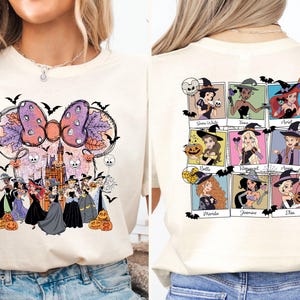 Camiseta de Halloween de princesas brujas, camiseta de Halloween con lazo coqueto, sudadera espeluznante de Blancanieves, Ariel y Jasmine, camiseta de la temporada de calabazas de Disneyland