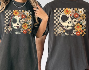 Floral Jack and Sally Halloween Couple Shirt, Disney Nightmare Before Halloween T-shirt, Spooky Season Couple Hoodie, Halloween Couple Tee