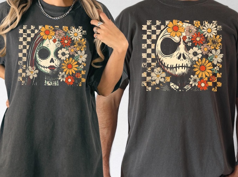 Floral Jack and Sally Halloween Couple Shirt, Disney Nightmare Before Halloween T-shirt, Spooky Season Couple Hoodie, Halloween Couple Tee