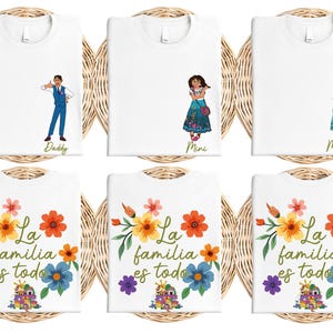 six white t-shirts with different designs and text, arranged in a grid.