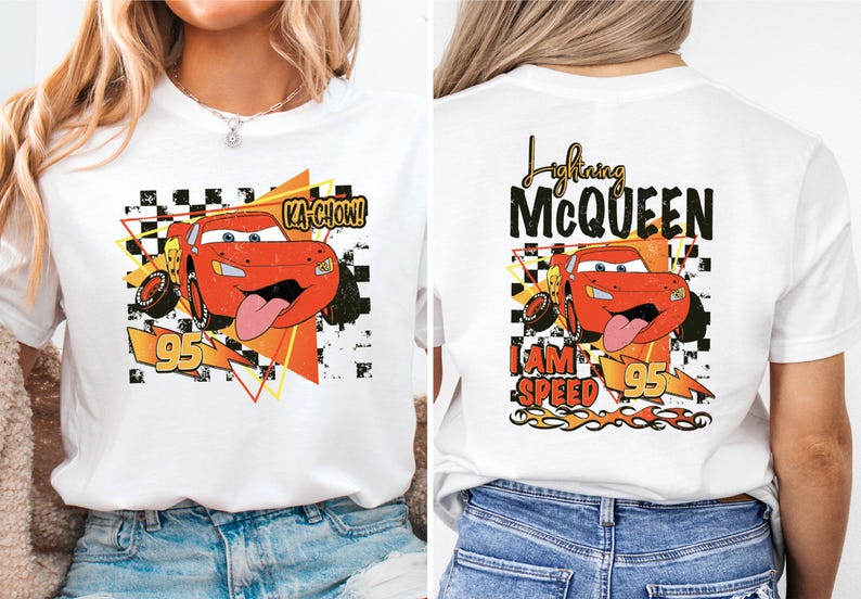 a woman wearing a t - shirt with an image of a cartoon character on it