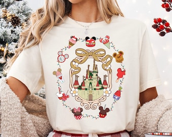 Coquette Mirror Disneyland Castle Christmas Shirt, Magic Kingdom Christmas T-shirt, Disney Christmas Sweatshirt, Mickey & Friends Xmas Tee