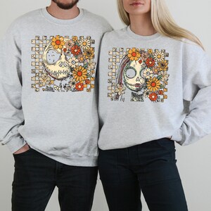 Floral Jack and Sally Halloween Couple Shirt, Disney Nightmare Before Halloween T-shirt, Spooky Season Couple Hoodie, Halloween Couple Tee