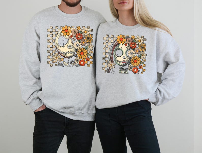 Floral Jack and Sally Halloween Couple Shirt, Disney Nightmare Before Halloween T-shirt, Spooky Season Couple Hoodie, Halloween Couple Tee