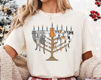 Funny Hanukkah Shirt, Cat Menorah Hanukkah T-shirt, Meowzel Hanukkah Sweatshirt, Cat Candle Chanukah Tee, Jewish Holiday Hanukkah Gift Tee