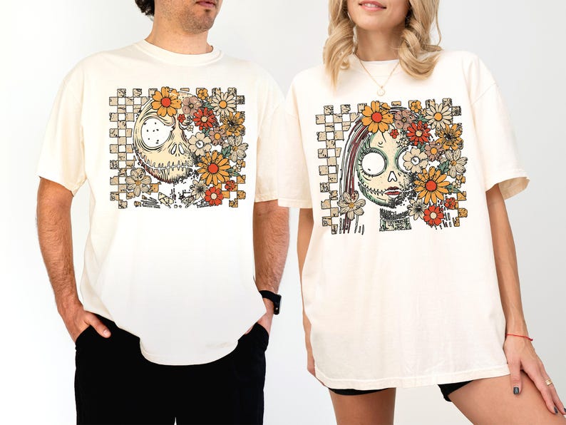Floral Jack and Sally Halloween Couple Shirt, Disney Nightmare Before Halloween T-shirt, Spooky Season Couple Hoodie, Halloween Couple Tee