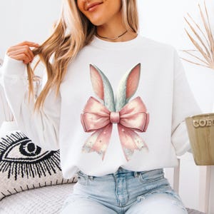 Coquette Bow Bunny Ears Sweatshirt, Cute Easter Bunny Shirt, Aesthetic Rabbit Tee, Happy Easter Gift, Soft Girl Spring Outfit,Easter Women&#39;s