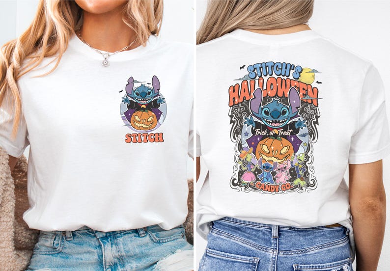 a woman wearing a white t - shirt with a cartoon character on it