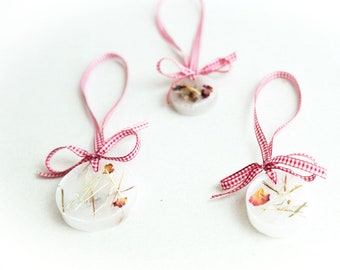 Unique Christmas ornament set, Wax ornaments with dried flowers