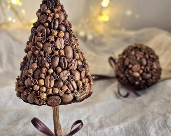 Coffee and clove Christmas topiary tree and ornament set – Natural scented holiday decor