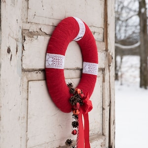Red and white wreath, Rustic Christmas wreath, Farmhouse Christmas decor, Scandinavian Christmas wreath image 1