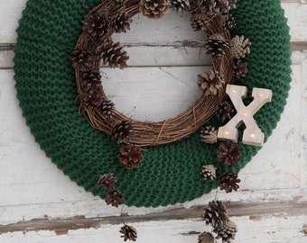 Green knitted winter wreath, Natural Christmas decor, Christmas wreath  for front door