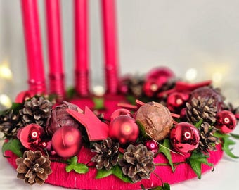 Red Advent Wreath with 4 Candles – Handmade Christmas Table Centerpiece
