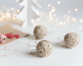 Jute twine Balls, Rustic Christmas ornaments, Rustic Ornament set of 3, Christmas tree ornaments