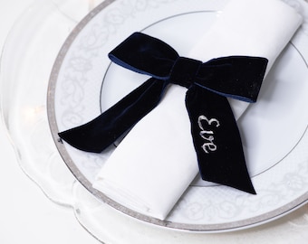 Personalized velvet bow place setting, Embroidered ribbon bow for wedding table decor