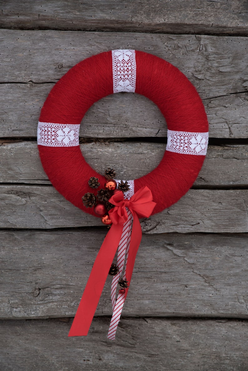 Red and white wreath, Rustic Christmas wreath, Farmhouse Christmas decor, Scandinavian Christmas wreath image 4