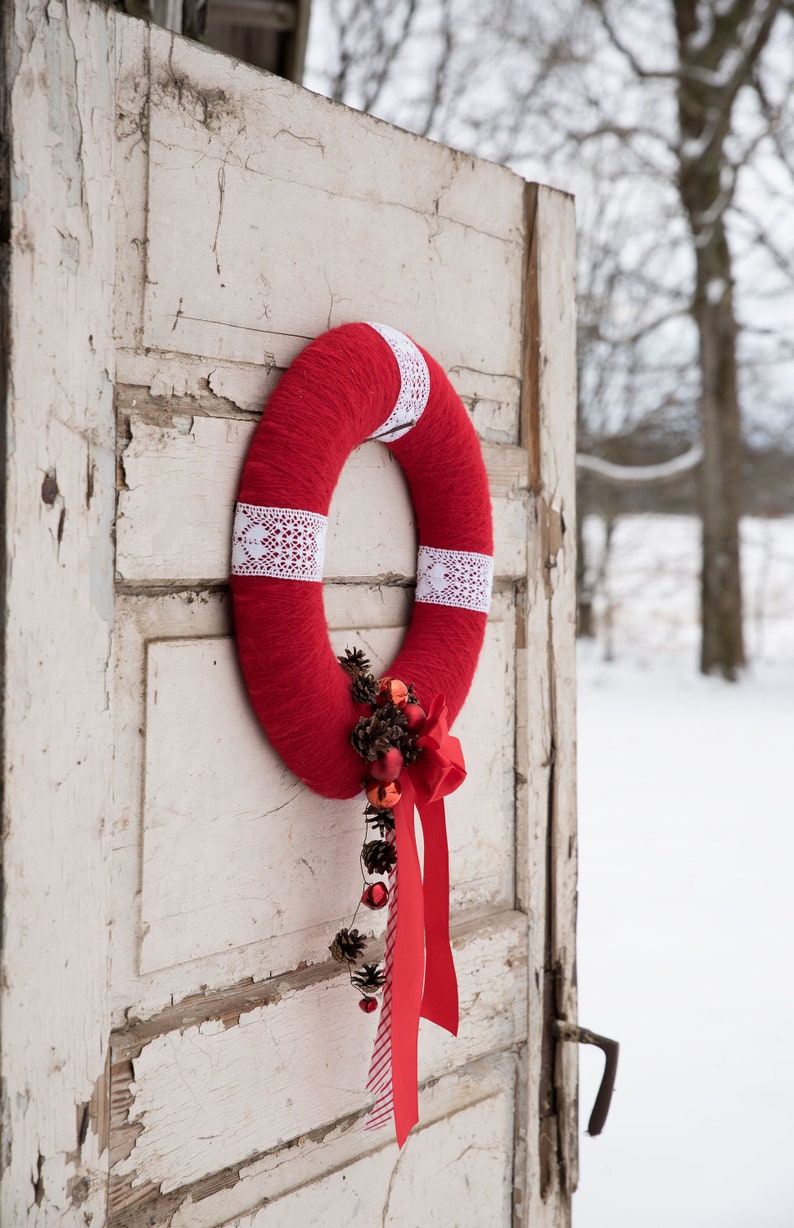 Red and white wreath, Rustic Christmas wreath, Farmhouse Christmas decor, Scandinavian Christmas wreath image 1