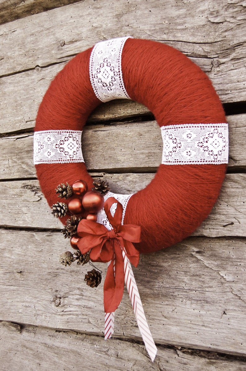 Red and white wreath, Rustic Christmas wreath, Farmhouse Christmas decor, Scandinavian Christmas wreath image 5