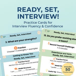 Puede incluir: Dos tarjetas de práctica para la fluidez y la confianza en las entrevistas. La primera tarjeta pregunta: "¿Cuáles son tus fortalezas?" e incluye instrucciones para elegir 1-2 fortalezas y proporcionar ejemplos. La segunda tarjeta pregunta: "¿Prefieres trabajar solo o en equipo?" e incluye instrucciones para grabarte respondiendo a la pregunta durante 1-2 minutos. Ambas tarjetas tienen un fondo verde y muestran un icono de micrófono.