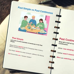 May include: A page from a textbook with a cartoon illustration of three people sitting at a table. The text on the page explains the difference between the past simple and past continuous tenses in English grammar.