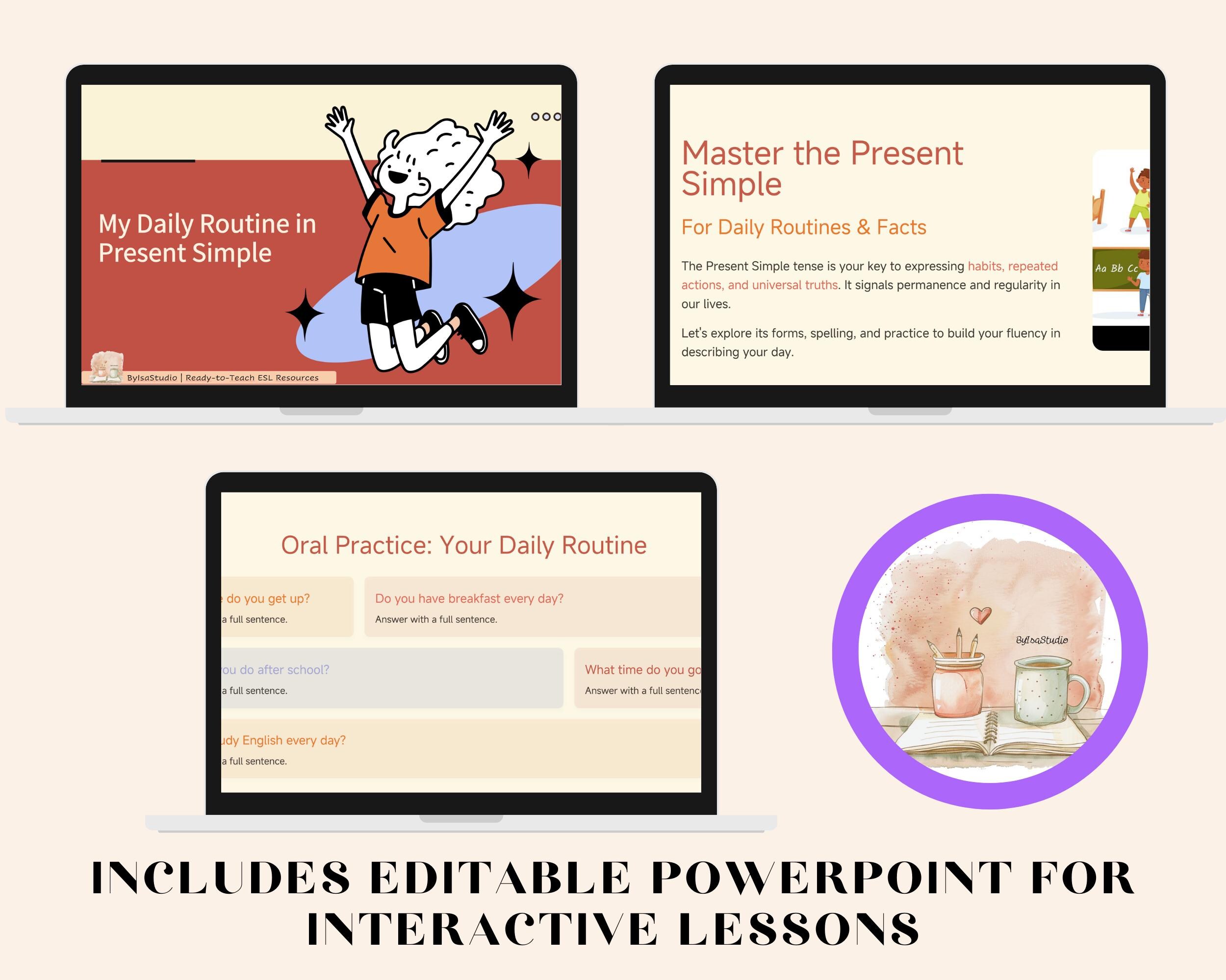 Present Simple ESL Lesson, Daily Routines, Grammar (PDF + PPT) - Etsy