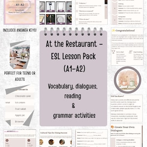 May include: An educational resource titled "At the Restaurant - ESL Lesson Pack (A1-A2)" in a spiral-bound format. It contains vocabulary, dialogues, reading, and grammar activities. The cover states "BylsaStudio Ready-to-Teach ESL Resources".