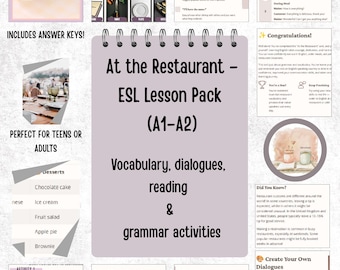 At the Restaurant Vocabulary A1-A2, ESL Resource, English Grammar Aid, TEFL Resources, EFL Classroom Activity