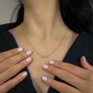 Collier à maillons entrelacés en or massif 14 carats - Collier trombone pour femme - Collier à maillons entrelacés - Cadeau parfait pour elle