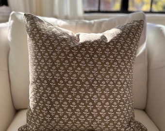 block print floral pillow, green floral
