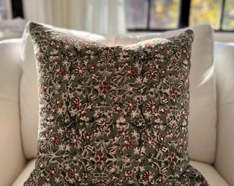 block print floral pillow cover, green and red