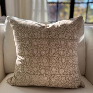block print floral pillow, light green floral
