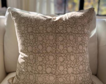 block print floral pillow, light green floral