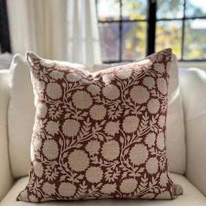 block print floral pillow cover, brown floral