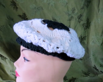 70's Vintage Handmade Crochet  Tam / Hat Black and White Retro Hippie, Knit Mod Hat,