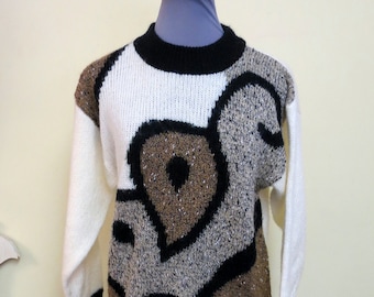 Vintage 80'S Erika Petites, Sweater, size Small, abstract color block sweater,  Black, Brown, White, Gray