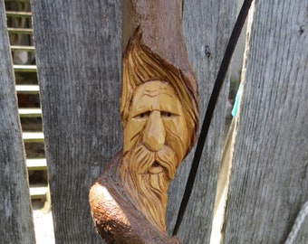 Vintage Vine Curled Tall Walking Stick with Tree Spirit Carving Hiking Stick, Wood Carved Face Walking Staff 55"