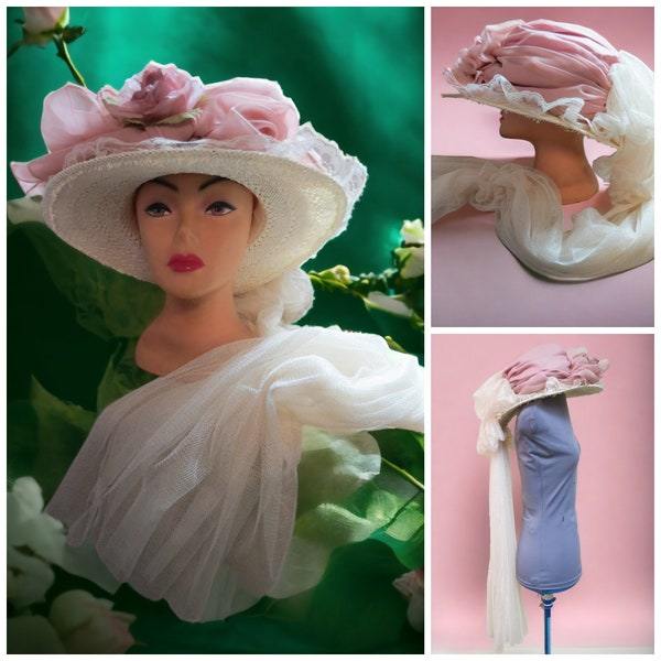 Vintage Hopeless Romantic  Hat, Victorian Trading Co Hat, Kentucky Derby Hat,  Church Hat, Carriage Hat,  Dusty Pink tea party hat Train