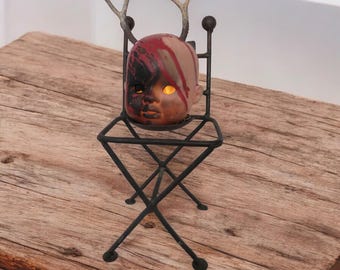 Creepy Doll Head Light Up Halloween Decoration, Battery Operated Upcycled Repurposed Baby Doll,  metal chair morphed doll head