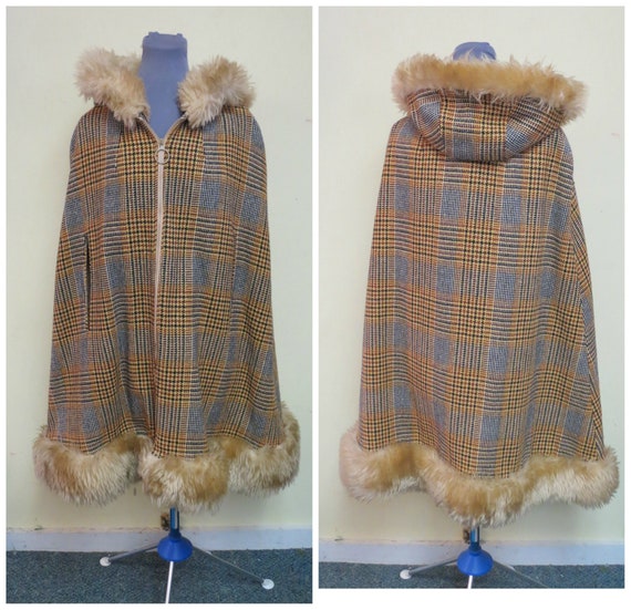 Vintage 70's Hooded Wool Cape, Poncho, Cream Brow