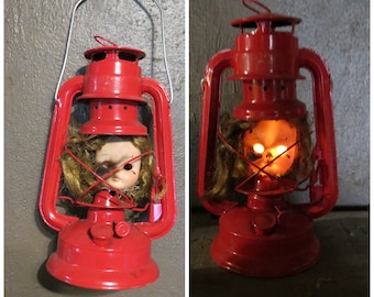 Creepy Doll Head Light Up Halloween Decoration, Battery Operated Repurposed Doll Zombie Doll Disfigured, Railroad Lantern, Night Light